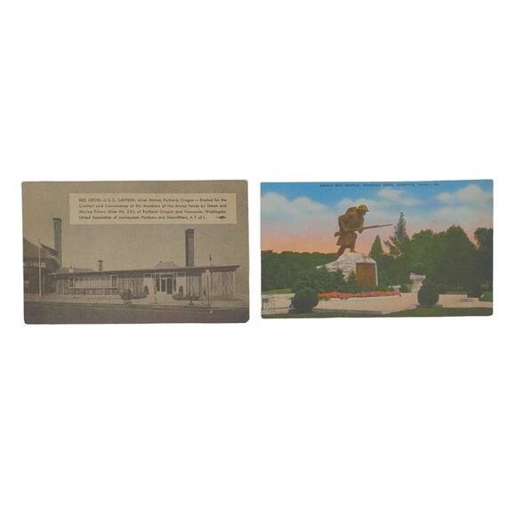 Vintage Lot of 2 Unused Post Cards Military Dough Boy Statue Memphis Red Cross - Picture 1 of 3